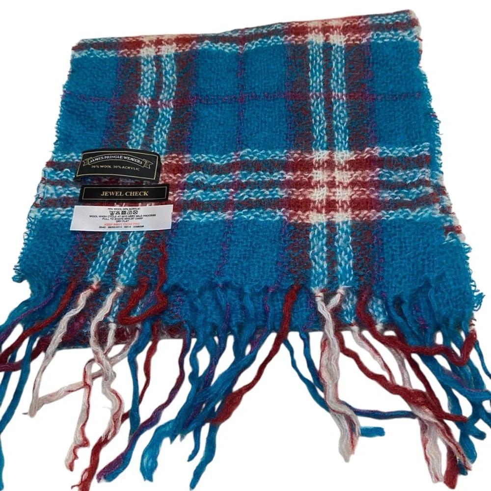 James Pringle Weavers Scarf Womens Jewel Check Plaid Wool Blend Fringe Preppy